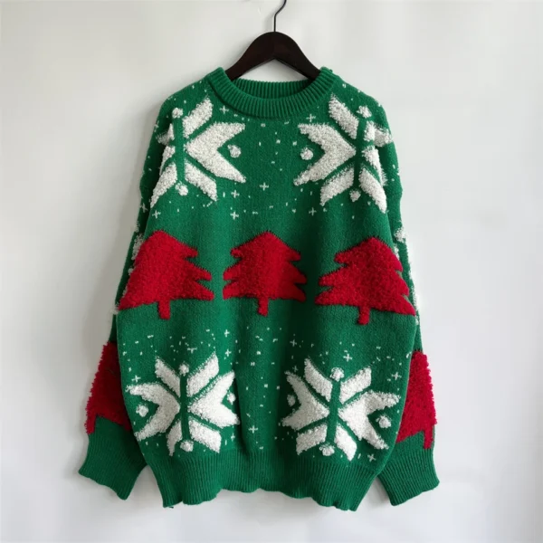 OMCHION Green Christmas Sweater 2023 Fashion Tree Embroidery Knitted Pullover Casual Loose Retro Sweater For Female Knitwear - Image 6