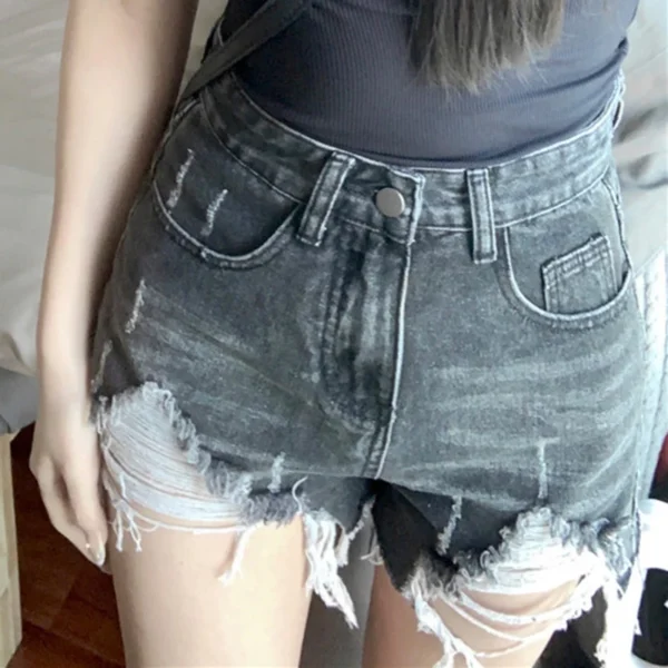 Women Summer Korean High Waisted Denim Ripped Shorts Pants Lady High Street A Line Hot Pants Female Black Grey Wide Leg Jeans - Image 5