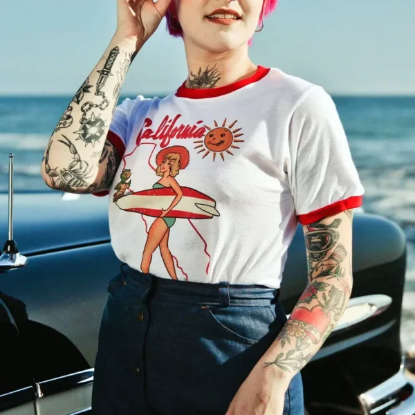 American Vintage Lady California Beach surfing Printing Red Ringer T Shirt Short Sleeve Loose Cotton 80s Summer Casual Tops Tees - Image 2