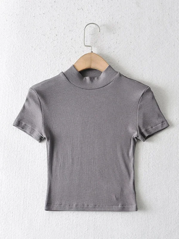 Women Rib Crop Top High Neck Fitted Tees Short Sleeve T-shirt - Image 5