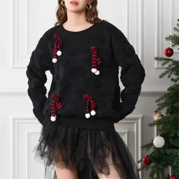 Lamuusaa Christmas Sweaters Women Cute Bow Decor Round Neck Long Sleeve Pullover Knitted Tops Fall Winter Clothes Streetwear - Image 5