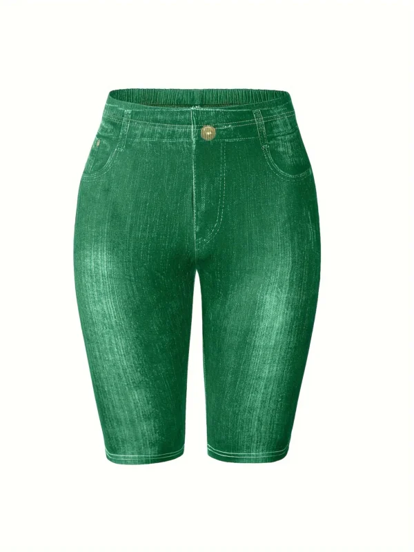 Women's Green Imitation Denim Shorts Slim Fit Leggings Casual Women's Leggings Comfortable Stretch Pants - Image 4