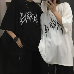 Hip-Hop Women T-Shirt Loose Punk Letter Print Tops Tee Black T-shirt Top Y2k Oversized Female T-shirt 90s Graphic Cute