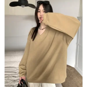Sweatshirt Women's Lazy Style Retro Simple V-neck Pullover Loose Top Autumn Winter Fashionable Versatile Plus Size Clothing