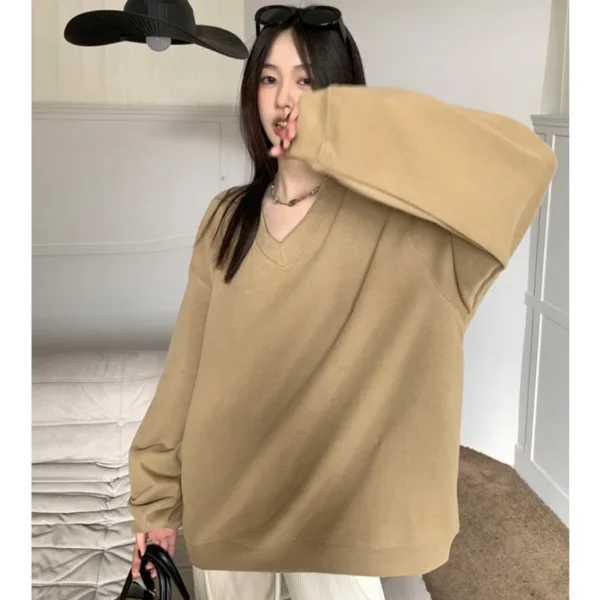 Sweatshirt Women's Lazy Style Retro Simple V-neck Pullover Loose Top Autumn Winter Fashionable Versatile Plus Size Clothing