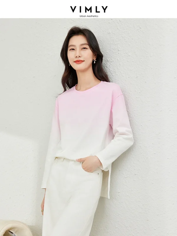 Vimly Cotton 100% Gradient Round Neck T-shirt Woman 2024 Spring Side Split Women's Long Sleeve Top Casual Loose Pullovers M6093 - Image 3