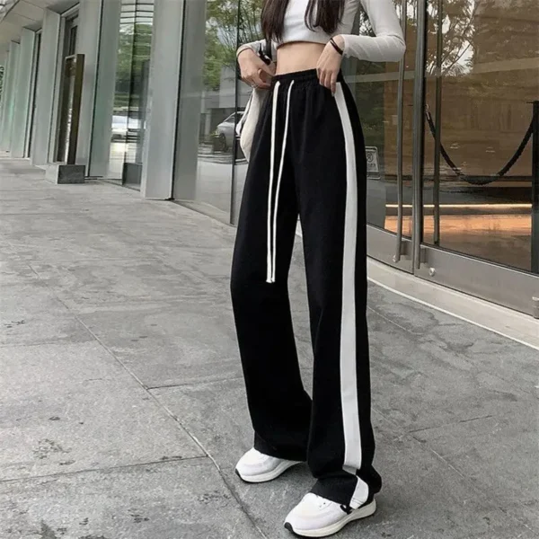 Korean Trend Drawstring High Waist Sweatpants Femme Casual Spring Autumn Side Stripe Patchwork Pockets Loose Wide Leg Trousers - Image 6