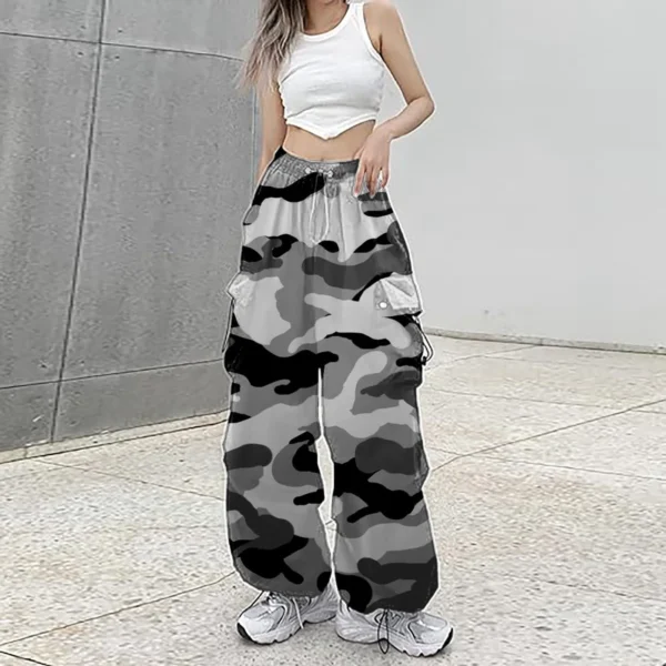 Womens Baggy Cargo Streetwear Camo Print Pants Hip Hop Style Joggers Sweatpants Drawstring Plus Size Cropped Pants шорты Y2k - Image 3