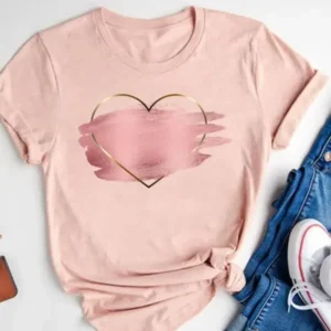 Women's Watercolor Love Heart Print T-Shirt, Short Sleeve Tee, Basic Clothing, Summer Top, Graphic Clothes, Sweet Fashion