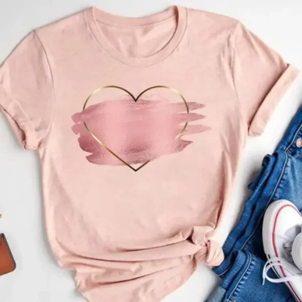 Women's Watercolor Love Heart Print T-Shirt, Short Sleeve Tee, Basic Clothing, Summer Top, Graphic Clothes, Sweet Fashion
