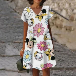 Beach Dress Disney Woman Clothes Mickey Women's Long Cartoon Dresses 2024 Minnie Mouse Y2k Leisure Maxi V-Neck Sexy Robe Casual