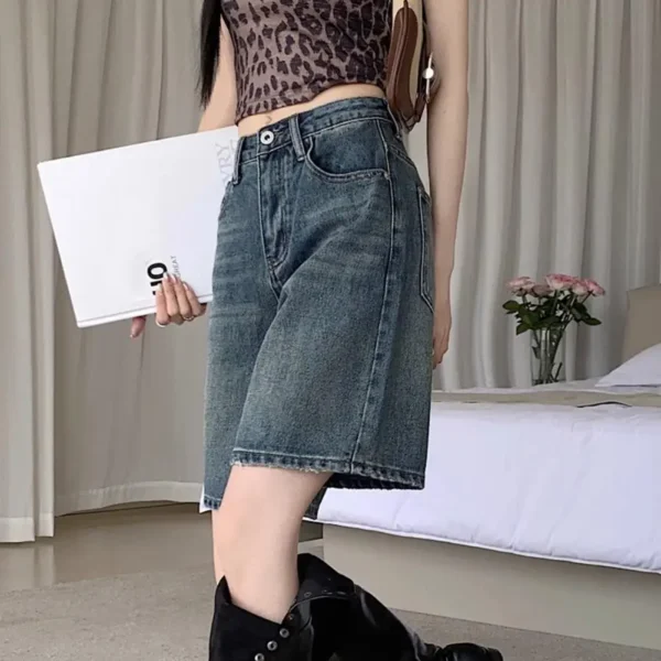 Women Denim Shorts High Waist Vintage Washed Straight Wide-leg Trousers Button Streetwear Knee Length Jeans Short Pants - Image 4