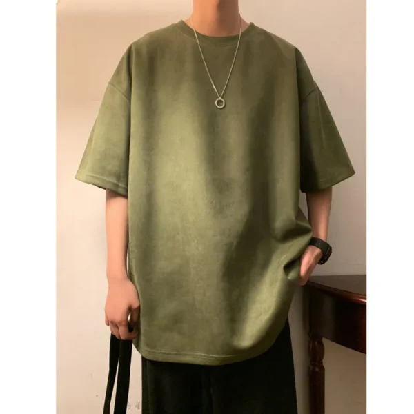 Suede T-shirt Men Oversized Fashion Solid Color Retro T Shirt Men Streetwear Summer Loose Short Sleeved T-shirt Mens Top M-3XL - Image 4