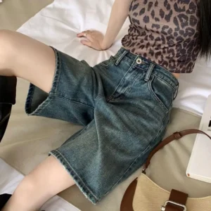 Women Denim Shorts Pure Color Vintage Straight High Waist Wide Leg Lady Jeans Button Zipper Closure Knee Length Denim Trousers