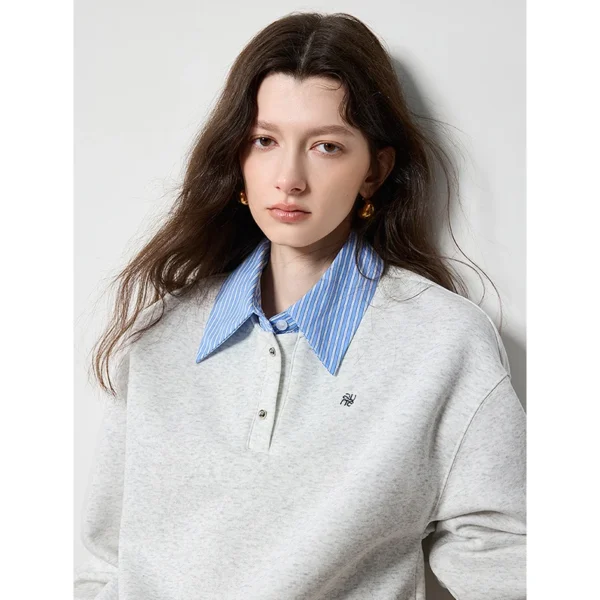 TOYOUTH Women Hoodies 2024 Autumn New Splicing Patchork Fake Two Pieces Turn Down Collar Pullover Sweatshirt Tops - Image 4