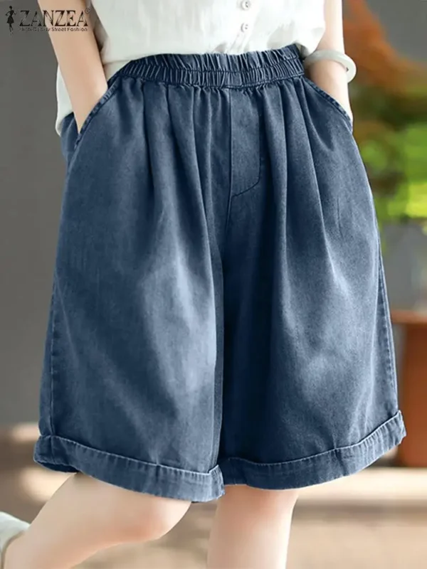 ZANZEA Casual Loose Elastic Waist Shorts Women 2024 Fashion Denim Solid Wide Leg Short Pants Summer Leisure Daily Jeans Trousers - Image 3