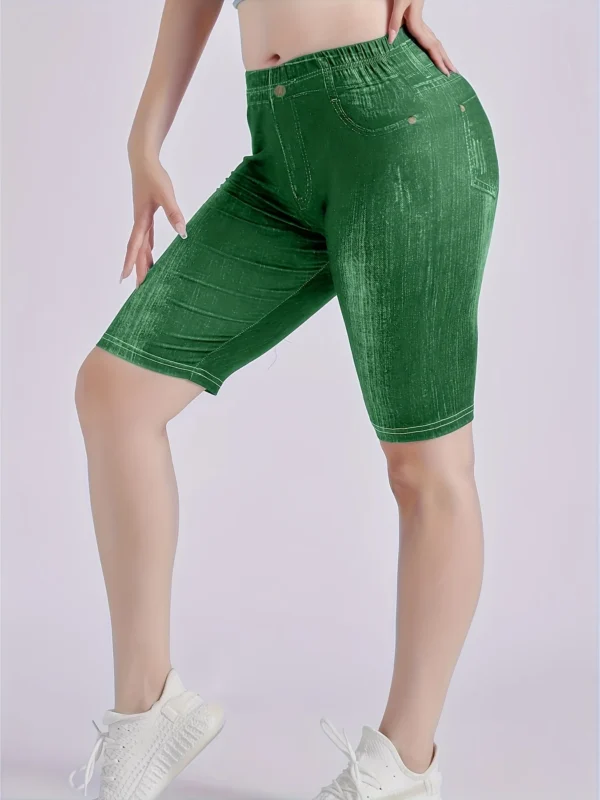 Women's Green Imitation Denim Shorts Slim Fit Leggings Casual Women's Leggings Comfortable Stretch Pants
