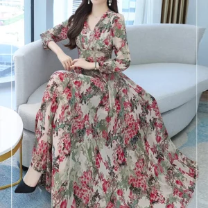 Women Spring Autumn Midi Casual Dress Beach Floral Chiffon Robe Chic Elegant Evening Dresses For Party Korean Fashion 2022 Maxi