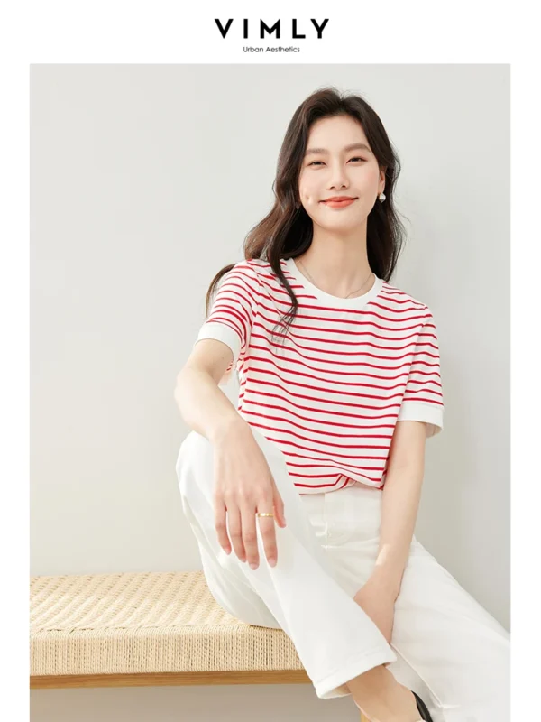 Vimly Contrast Striped Cotton Short Sleeve Women's T-shirt 2024 Summer Woman Simple Loose Casual Round Neck Pullovers Top M6563 - Image 3
