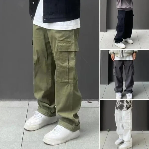 Men Cargo Pants Elastic Waist Loose Wide Leg Solid Color Casual Pants Multi Pockets Retro Straight Deep Crotch Men Long Trousers - Image 2