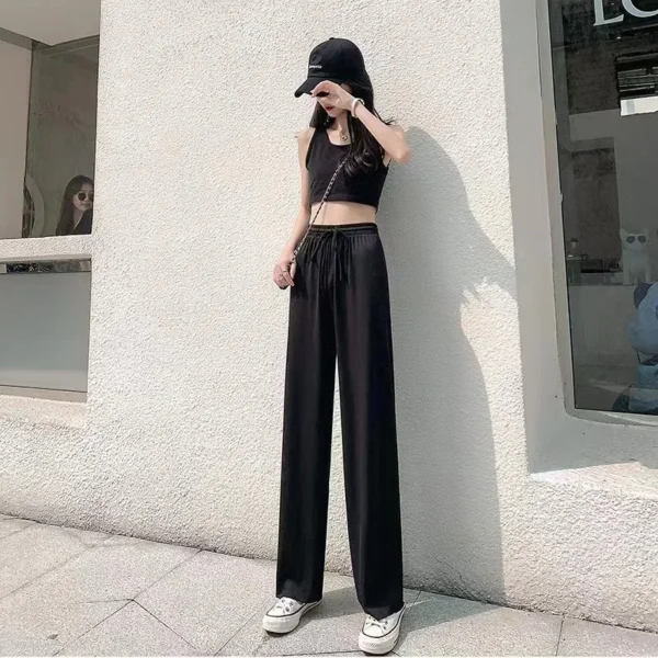 Ice Silk Wide-Leg Pants Women Cool Sweatpants Summer Thin Pleat Loose Straight Pants Office Lady Casual Drawstring Long Trousers - Image 4