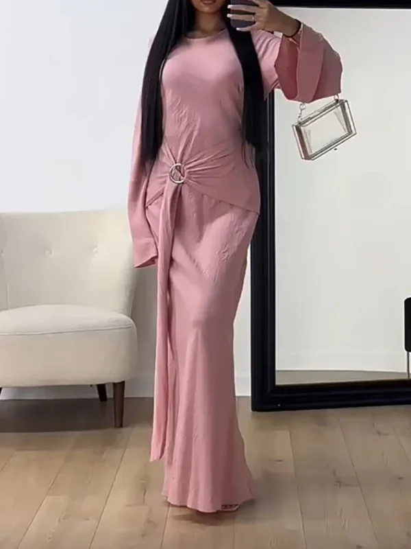 Lacing Up Patchwork Simple Maxi Dress, Women Autumn Long Sleeve Elegant Fashion Party Dress, 2024 O-Neck Solid Slim Ladies Dress - Image 4