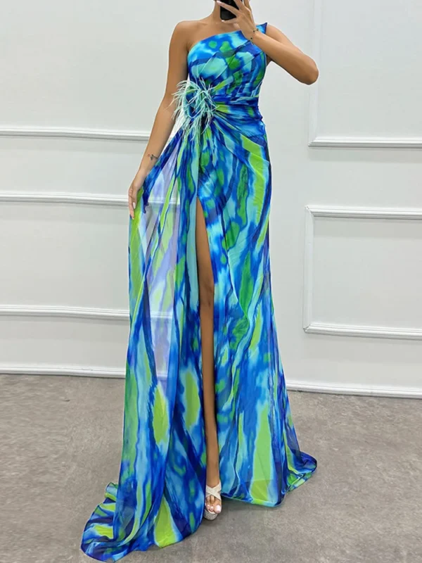 Sleeveless Patchwork Loungewear Party Dress, Women Summer Skew Collar Slim Fashion Maxi Dress, 2024 Print Backless Ladies Dress - Image 3