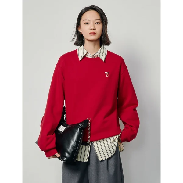 Toyouth Women Fleece Sweatshirt 2024 Autumn Long Sleeve O Neck Loose Hoodies Exquisite Embroidery Casual Chic Red Clothes Tops - Image 2