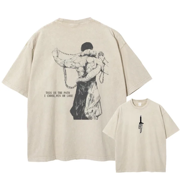 Men Streetwear Washed Apricot White Oversized T Shirt Japanese Anime Graphic Print T-Shirt Summer Cotton Short Sleeve Tees - Image 2