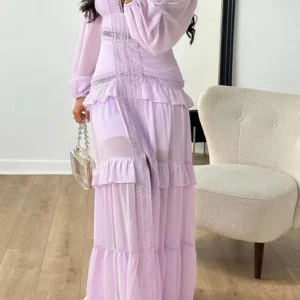Women Loose Deep V Neck Solid Maxi Dress, Spring Autumn Long Sleeve Fashion Party Dress, New Hollow Elegant Ladies Dress Vestido