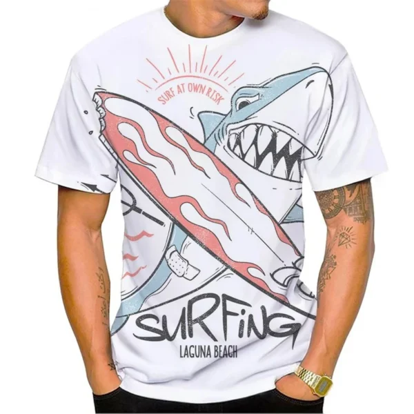 Hip Hop Funny Shark Surf 3D Printed T Shirt For Men Clothes Fashion Horror Animal Graphic T Shirts Streetwear Y2k Boy Tee Tops - Image 3