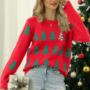 Basic Jumpers Loose Fit Christmas Tree Pattern Knitted Top Sweater Long Sleeve Crew Neck Festival Style Vacation Outfit