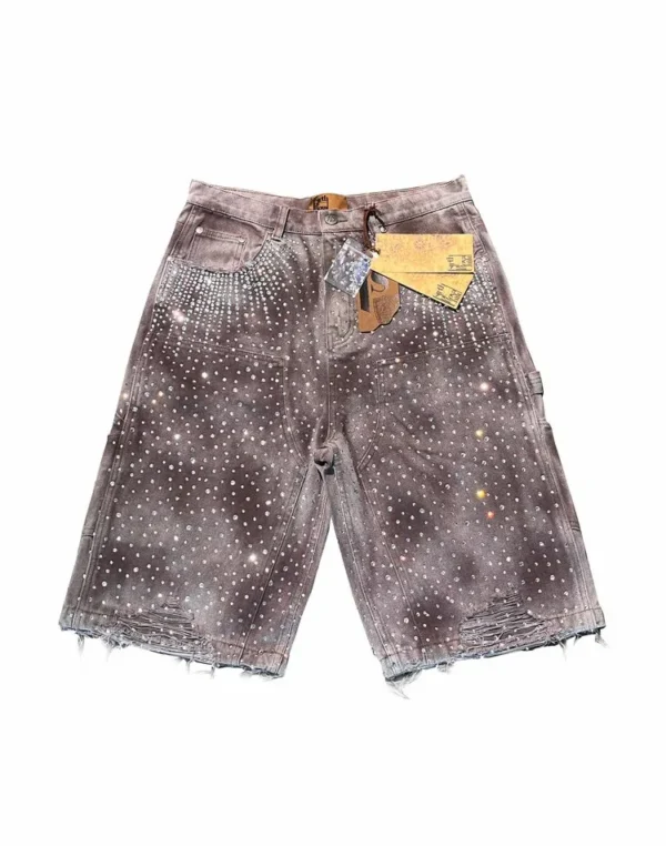 New Streetwear Twinkle Diamond Rivet Denim Shorts Harajuku Goth Retro Washed Brown Shorts High Waist Pants Mens Womens Clothing - Image 2