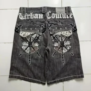 Y2K New Street Wear Fashion Oversized Embroidery Loose Denim Shorts Mens Harajuku Retro Popular Casual High Waist Womens Shorts