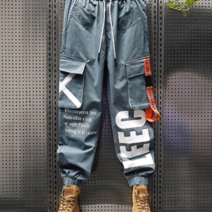 Spring/Summer Quick Drying Pants Ice Silk Nine point Work Pants Youth Men's Casual Pants Multi Pocket Drawstring Cargo Pants