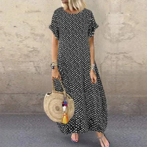 Summer Maxi Dress Women'S Vintage Dot Printed Loose Dress Casual Short Sleeve Beach Party Boho Long Dresses Robe Vestidos