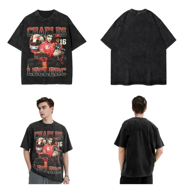Charles Leclerc Washed T Shirts Merch Streetwear Hip Hop Vintage T-Shirts F1 Racing Driver Tee Shirt Men Women Short Sleeve - Image 5