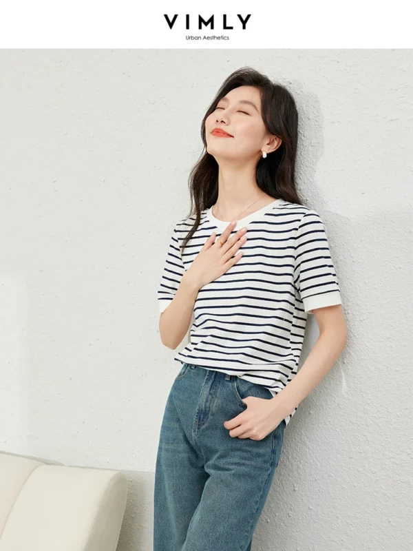 Vimly Contrast Striped Cotton Short Sleeve Women's T-shirt 2024 Summer Woman Simple Loose Casual Round Neck Pullovers Top M6563 - Image 4