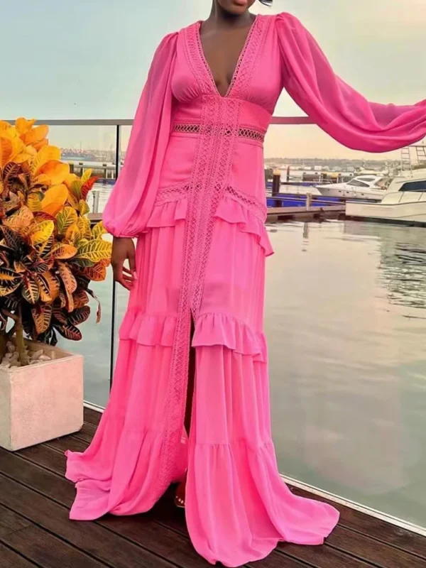 Deep V Neck Spring Autumn Patchwork Party Dress, Women Long Sleeve Hollow Out Maxi Dress, New Fashion Solid Ladies Dress Vestido - Image 5