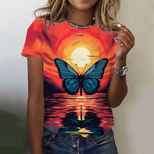 2024 Fashion Woman T Shirt 3D Butterfly Print Crew Neck Short Sleeve Tee Luxury Female T-shirts Oversized Y2k Clothing For Girls - Image 2