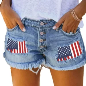 Fashion Flag Motifs Patch Denim Shorts Women Tassel Trouser Legs Three Quarter Pants Summer Female Casual Mini Jeans Streetwear