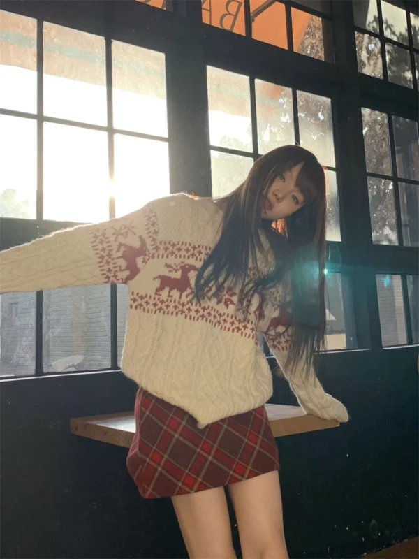 Christmas atmosphere round neck sweater women autumn and winter clothing lazy style fashion loose knitted sweater long sleeves - Image 2