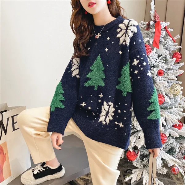 2024 Autumn/Winter New Korean Thickened Color blocked Christmas Sweater Women Hoodie Snowflake Loose Round Neck Lazy Style Tops - Image 3