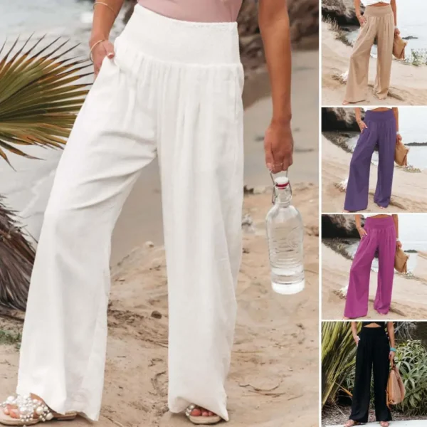 Summer Women Pants Solid Color Wide Leg Mid Elastic Waist Sweatpants Full Length Loose Soft Breathable Lady Trousers For Daily - Image 5