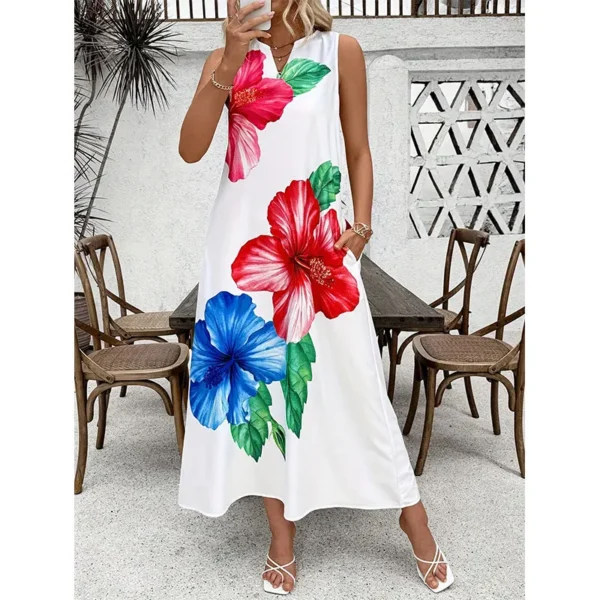 2024 New Spring Summer Daily Casual Dress Urban Street Fashion Sleeveless Dress 3D Flower Print V-Neck Skirt Women's Maxi Dress - Image 3