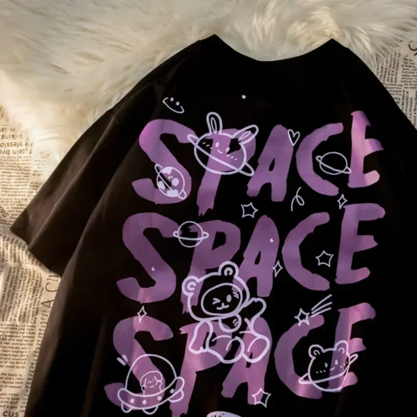 Women T-Shirt Bear Graffiti Harajuku Short Sleeved Space Print Oversized T-shirt Loose Retro Style Couple Shirt Y2k Tops - Image 2