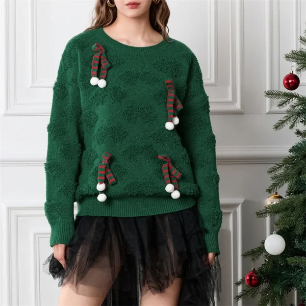 Lamuusaa Christmas Sweaters Women Cute Bow Decor Round Neck Long Sleeve Pullover Knitted Tops Fall Winter Clothes Streetwear - Image 3