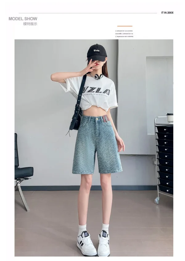 Women's Youthful Moustache Bermuda Denim Shorts, Y2K/2000s High-rise Jorts, knee-length Straight Jeans Shorts - Image 5