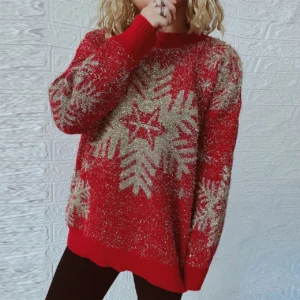 OMCHION Abrigo Mujer 2023 New Year Pullover Gold Thread Jacquard Big Snowflake Elk Christmas Sweater Female New Year Clothing