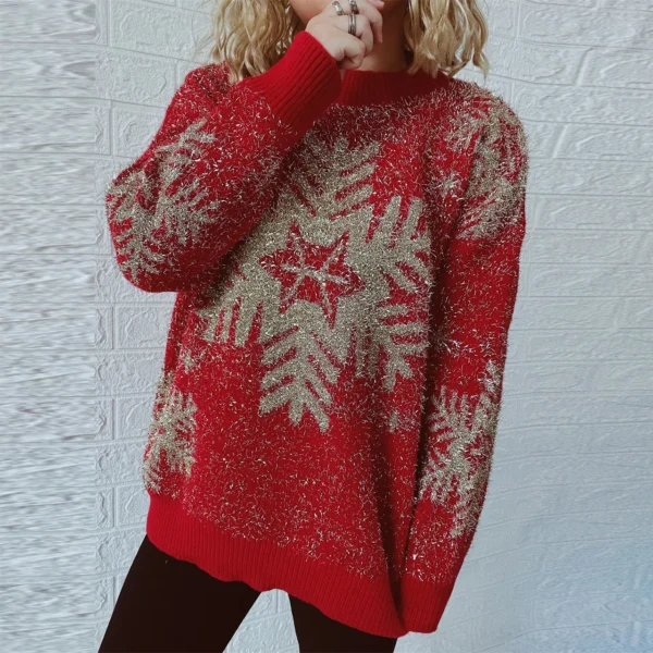 OMCHION Abrigo Mujer 2023 New Year Pullover Gold Thread Jacquard Big Snowflake Elk Christmas Sweater Female New Year Clothing